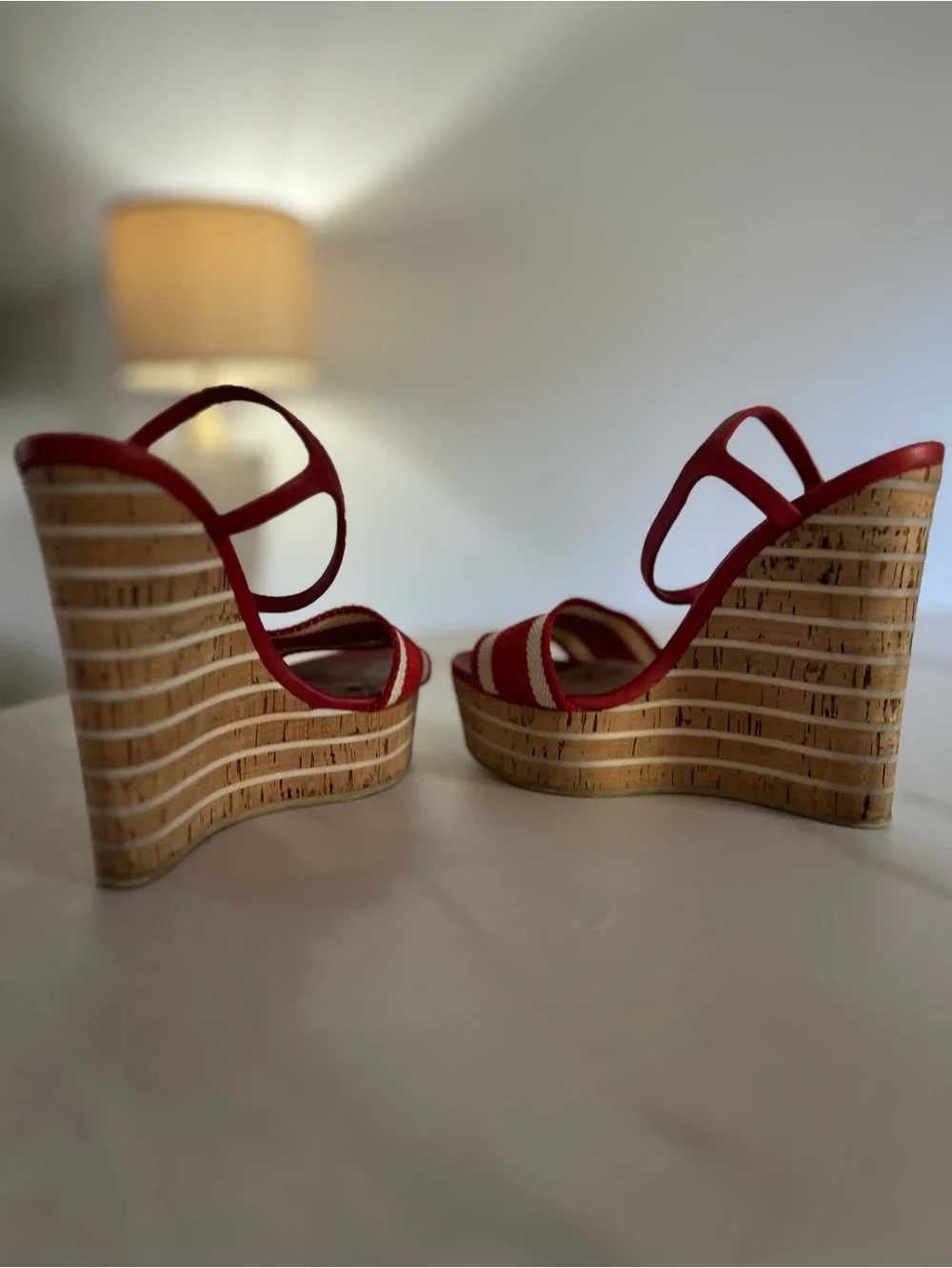 Gucci Red and White Striped Cork Wedge Sandals
